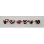 9ct gold garnet and pearl cluster ring (one pearl missing), 9ct gold sapphire and white stone