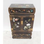 Chinese style lacquer cabinet, black ground painted decoration, single drawer above two decorated