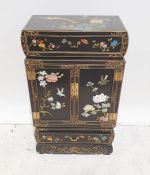 Chinese style lacquer cabinet, black ground painted decoration, single drawer above two decorated