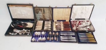 Quantity of cased flatware items, a box of assorted plated ware, a claret jug, etc