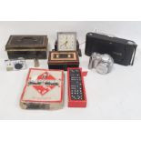 Kodak camera, vintage cash tins, a Tenko electric clock in bakelite case, games, etc