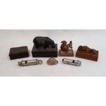 Quantity of assorted coins, notes and stamps, mainly cents and pennies, a geometry set, a carved