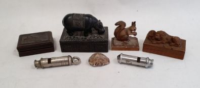 Quantity of assorted coins, notes and stamps, mainly cents and pennies, a geometry set, a carved