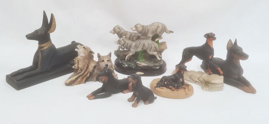 Quantity of dog ornaments including a Juliana Collection model of wolves, Anubis dog model, etc (8)