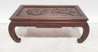 20th century Chinese coffee table with carved rectangular top on curved end supports, 87cm x 37cm