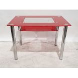 Modern glass table with shelf under chrome effect supports, 105cm x 75cm