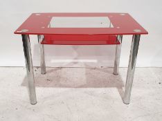 Modern glass table with shelf under chrome effect supports, 105cm x 75cm