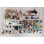 Assorted beads, jewellery pieces, earrings, clasps, rings, jewellery work items in sectioned