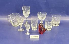 Set of six cut glass tumblers, other assorted cut glass table glass and a Wedgwood bird paperweight