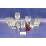 Set of six cut glass tumblers, other assorted cut glass table glass and a Wedgwood bird paperweight