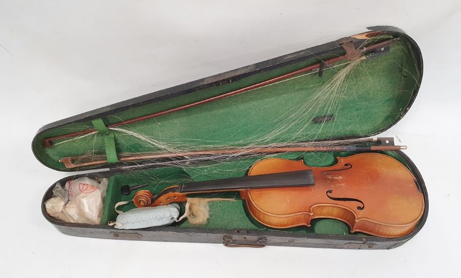 Violin with two-piece back, with two bows, in case and another violin in case and a soft case (3)