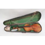 Violin with two-piece back, with two bows, in case and another violin in case and a soft case (3)