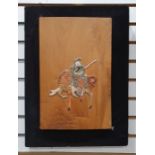 Wooden plaque with inlaid jade and hardstone decoration of a warrior on horseback, 45cm x 23cm