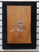 Wooden plaque with inlaid jade and hardstone decoration of a warrior on horseback, 45cm x 23cm