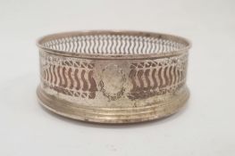 20th century silver wine coaster with pierced sides, on turned wooden base, Birmingham, maker WI