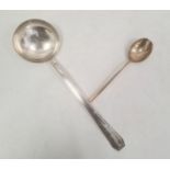 20th century silver-coloured metal ladle with silver marks POP(?) and cross 10c, 32cm long approx.