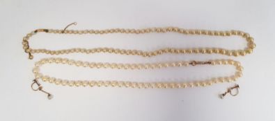 9k gold clasped cultured pearl necklace, a simulated pearl necklace with 9ct gold clasp and pair 9ct