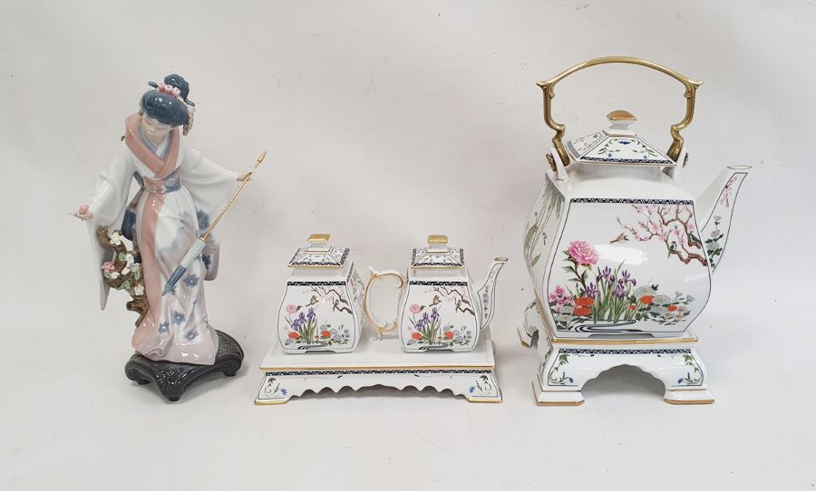 Lladro model of a lady with prunus blossom and an umbrella and a Franklin Mint kettle and teapot set