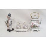 Lladro model of a lady with prunus blossom and an umbrella and a Franklin Mint kettle and teapot set