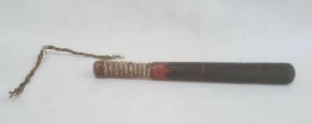 19th century painted wooden truncheon with cream handle, painted in black and red, 40cm