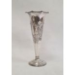 Edward VII silver mounted trumpet-shaped vase, floral repousse decorated, circular base, Sheffield