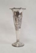 Edward VII silver mounted trumpet-shaped vase, floral repousse decorated, circular base, Sheffield