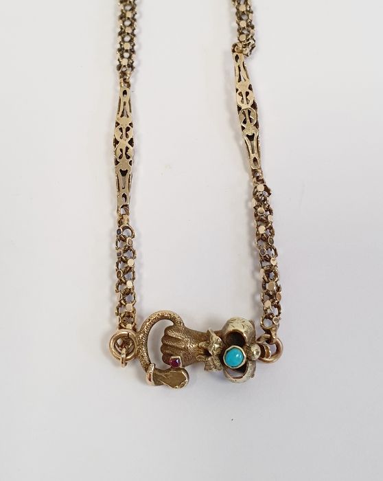 Victorian gold-coloured guard chain with alternating fancy links and with a clasp modelled as a hand