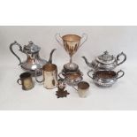 A quantity of plated ware to include trophy cups, teapots and a Viners canteen of cutlery (1 box and