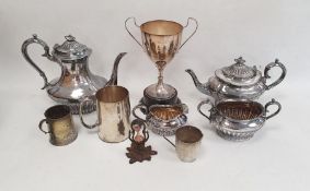 A quantity of plated ware to include trophy cups, teapots and a Viners canteen of cutlery (1 box and