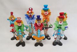 Large Murano glass clown playing an instrument, with orange bow tie and blue hat, 43cm high, another