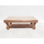 20th century pine coffee table on turned and block supports, united undertier, 120cm x 41cm