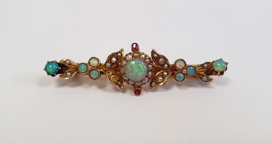 Gold seed pearl and opal set bar brooch leaf decorated, (unmarked), 4.5g in total approx.