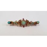 Gold seed pearl and opal set bar brooch leaf decorated, (unmarked), 4.5g in total approx.