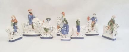 Quantity of Rye pottery models of figures on horseback, depicting characters from The Canterbury