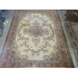 Modern Grosvenor yellow ground rug with foliate decoration, stepped border, 362cm x 275cm, two