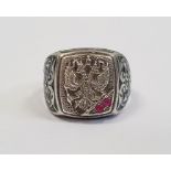 Russian white metal green enamel and pink stone ring, the square top with double-headed eagle