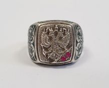 Russian white metal green enamel and pink stone ring, the square top with double-headed eagle