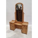 Pine Art Deco-style dressing table, the single long mirror on pine base with two drawers and two