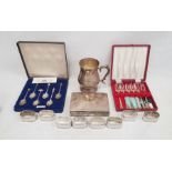 Silver plated mounted rectangular box, an EPNS tankard, various napkin rings, flatware, etc