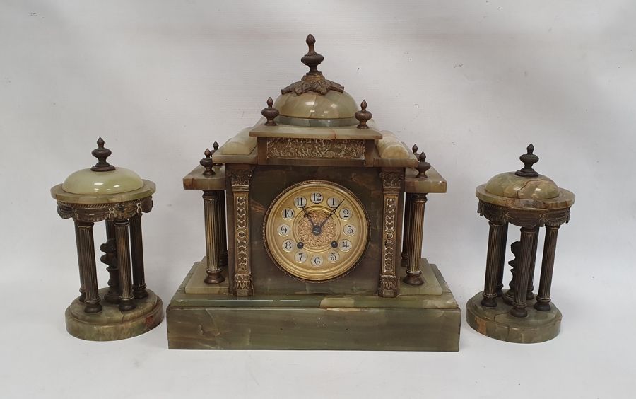 Victorian green onyx and brass clock garniture the clock with Arabic numerals Condition Report