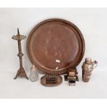 A silver plated salt, copper circular tray, plated and glass sifter and other metal ware (1 box)