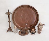 A silver plated salt, copper circular tray, plated and glass sifter and other metal ware (1 box)