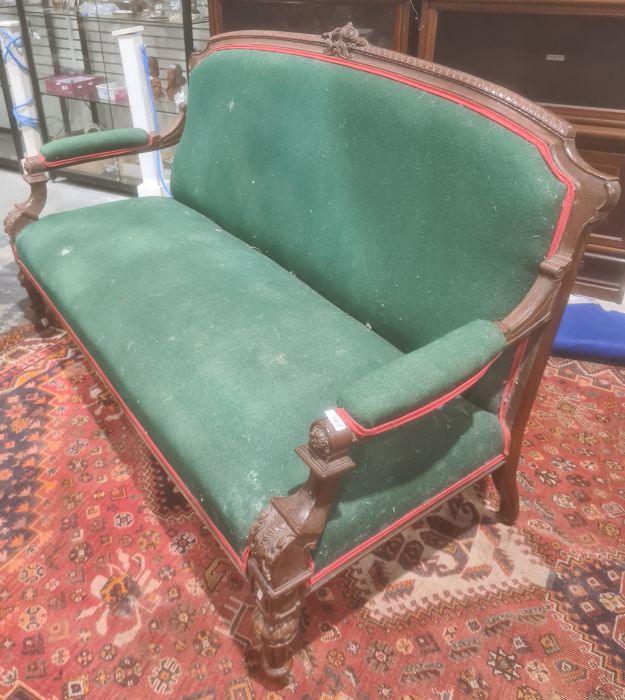 Victorian sofa mahogany frame, green upholstered seat back and armrests, turned and fluted front - Image 2 of 3