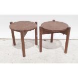 Pair mid-20th century modern teak side tables of circular form with turned supports, 35cm