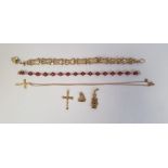 9ct gold gate-link bracelet with padlock clasp, 6.5g approx., 9ct gold cross on chain, 1.5g, a 9ct