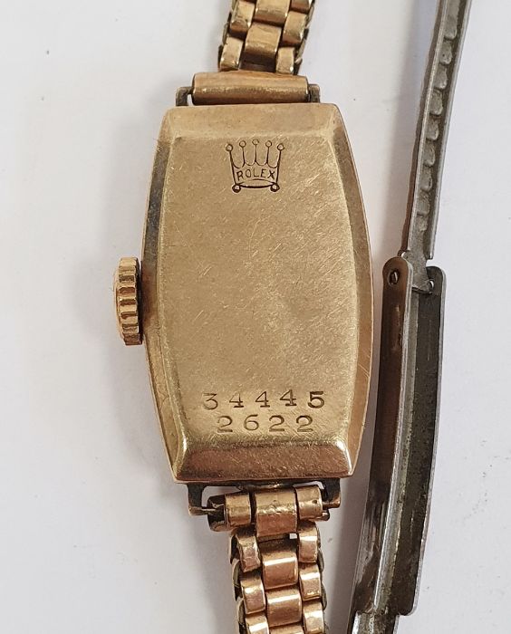 Lady's 1920's/30's 9ct gold Rolex wristwatch with convex sided oblong dial and the rolled gold - Image 4 of 4