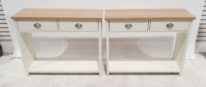 Two modern oak effect and cream painted based two drawer hall tables (2)