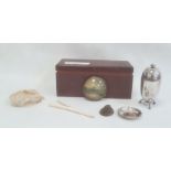 Wooden box containing various collectable items, to include silver-coloured metal pin dish, glove