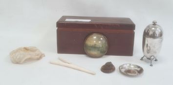 Wooden box containing various collectable items, to include silver-coloured metal pin dish, glove