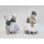 Royal Copenhagen figure of a girl knitting, no.1314 to base and an ENS figure group of a pair of
